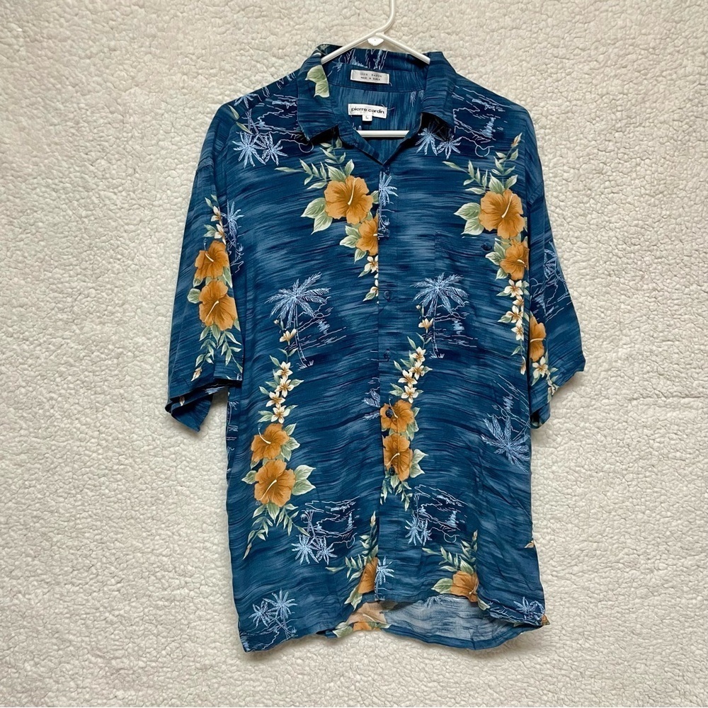 Vintage Hawaiian Shirt Size Large  Floral Blue Camp Aloha Pierre Cardin rayon